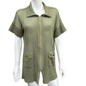 Exclusively Misook Olive Green Short Sleeve Knit Cardigan w/ Zipper & Pocket XL